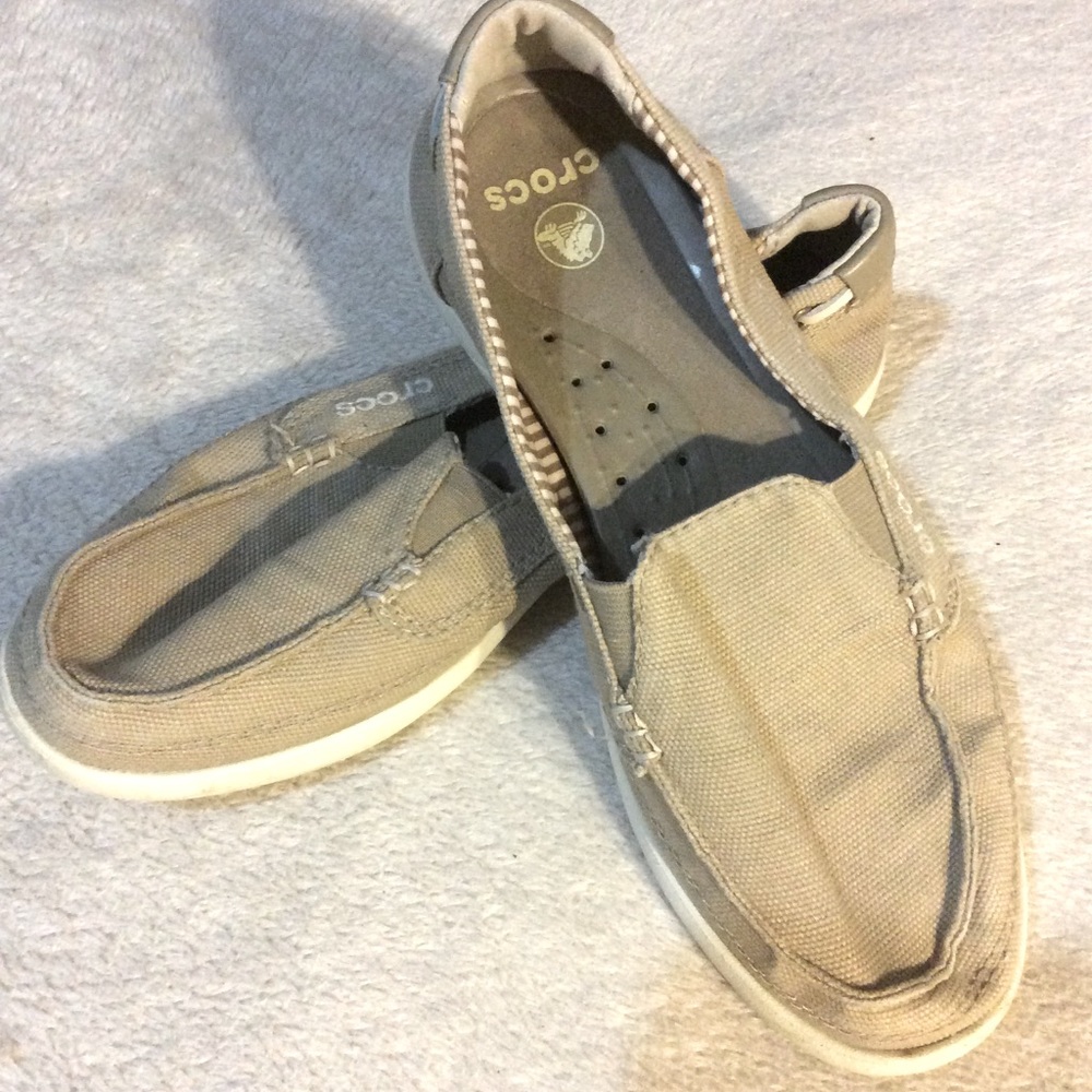 Crocs canvas/textile comfy beige slip-ons in EUC